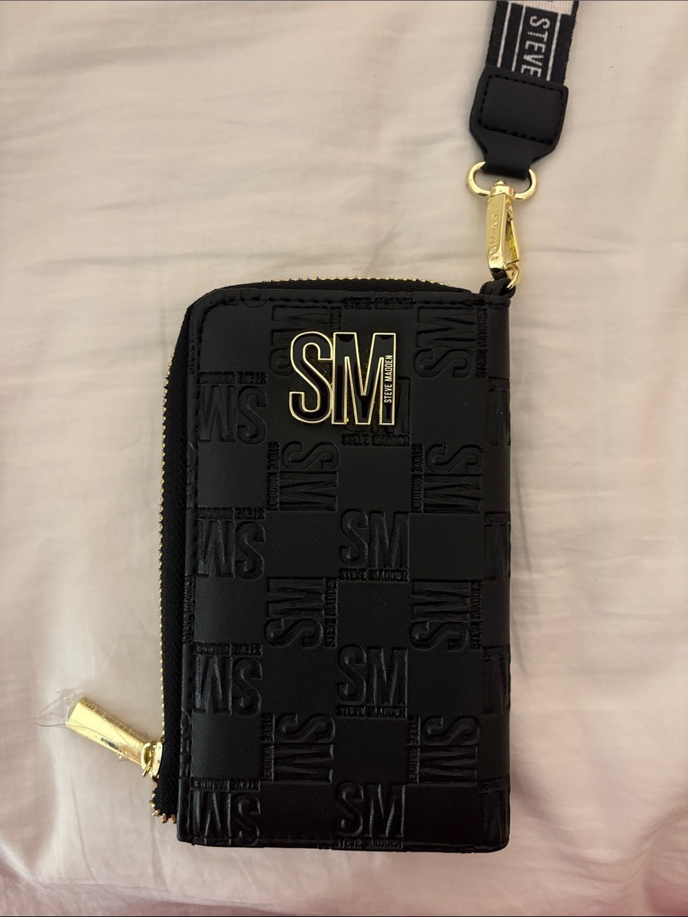 Steve Madden Black Embossed SM Zip Wristlet